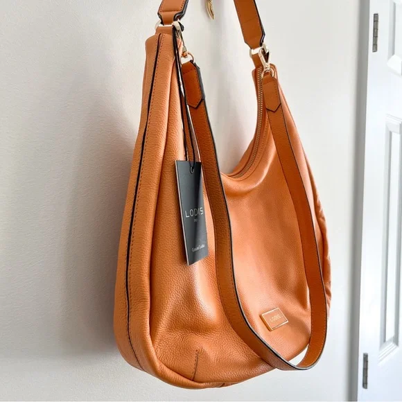 Lodis NWT $158 Daria Pumpkin Orange Authentic Pebbled Leather Crescent Hobo Bag - Picture 3 of 9